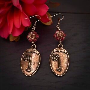 Handcrafted Antique Copper Face Earrings with Czech Glass  Bead Accents